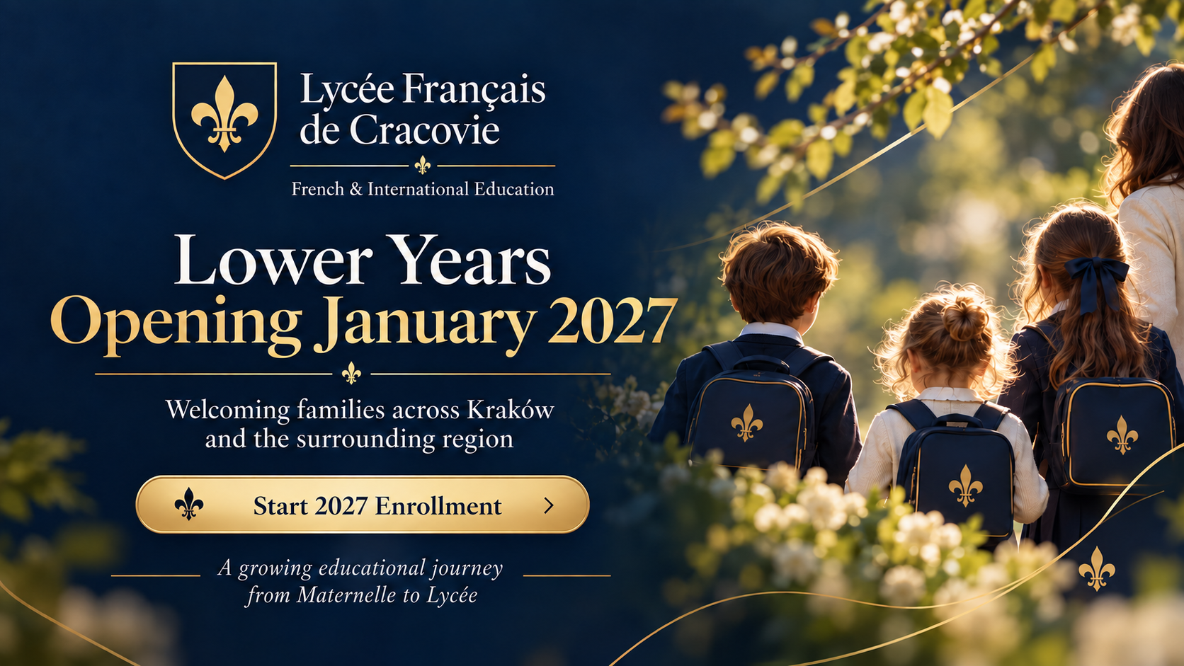 Grafika Lycée Français de Cracovie z dziećmi i planowanym otwarciem młodszych klas w styczniu 2027 roku